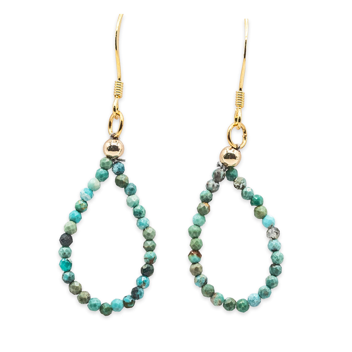 Teardrop-shaped beaded earrings with gold hooks on a white background