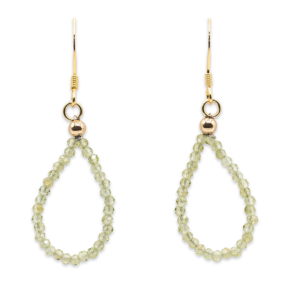 Pair of gold and green beaded earrings on a white background