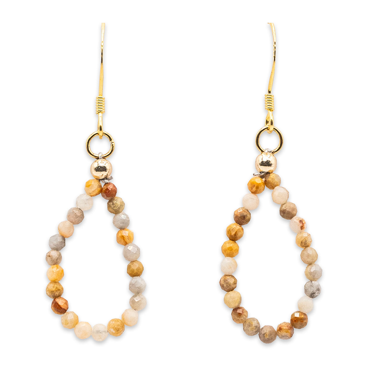 Pair of beaded earrings with gold hooks on a white background