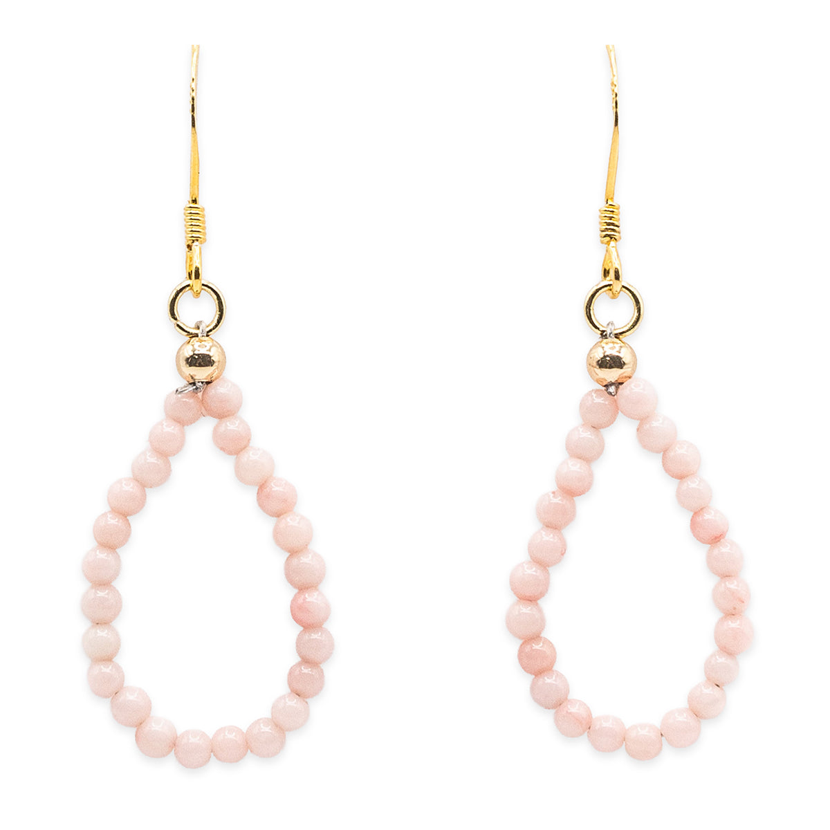 Pair of pink beaded earrings with gold hooks on a white background