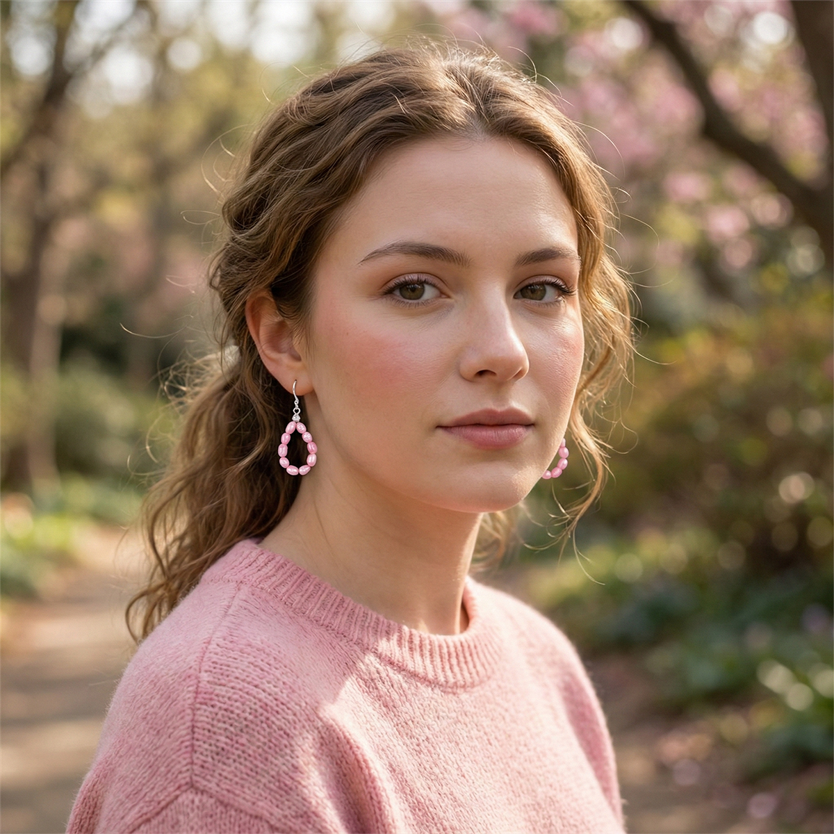 Woman wearing a pink sweater with a blurred natural background