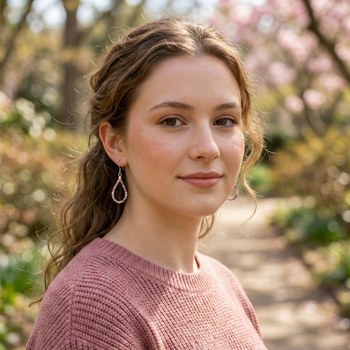 Woman wearing a pink sweater with cherry blossom trees in the background