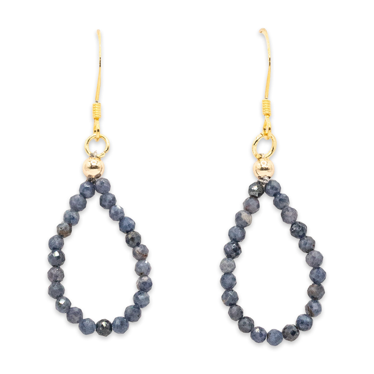 Pair of blue beaded earrings with gold hooks on a white background