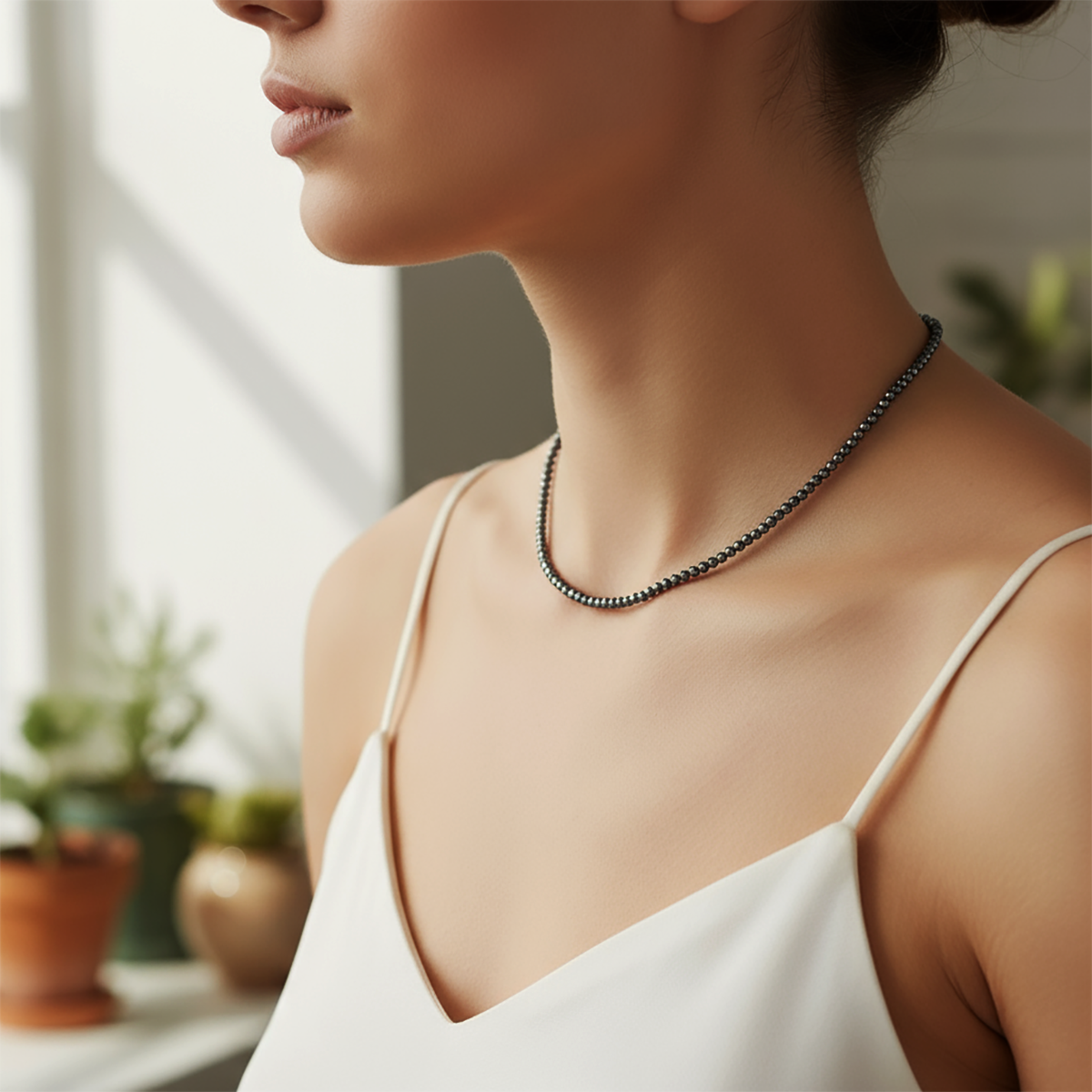 Woman wearing a black beaded necklace with a blurred indoor background