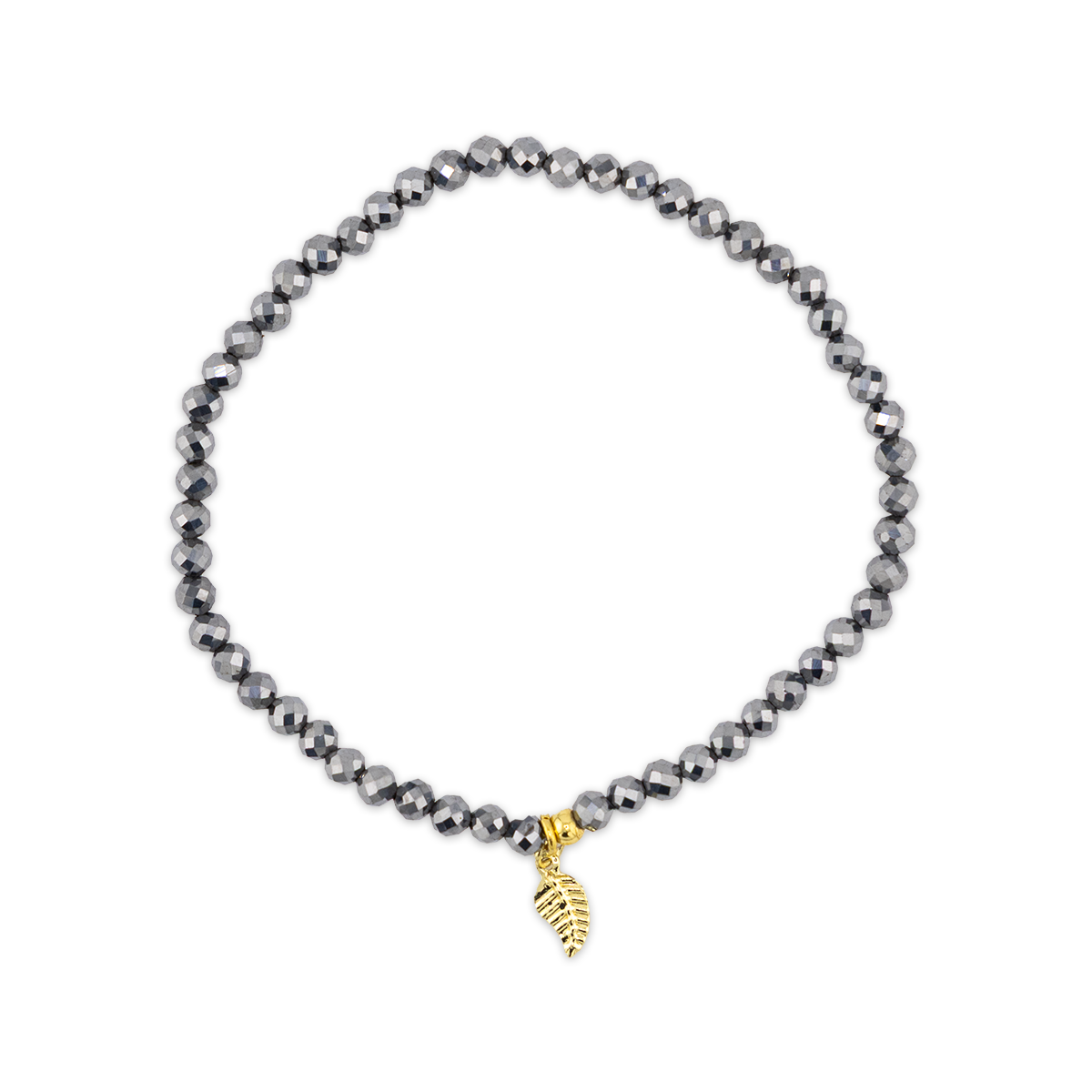 Gray beaded bracelet with a gold leaf charm on a white background