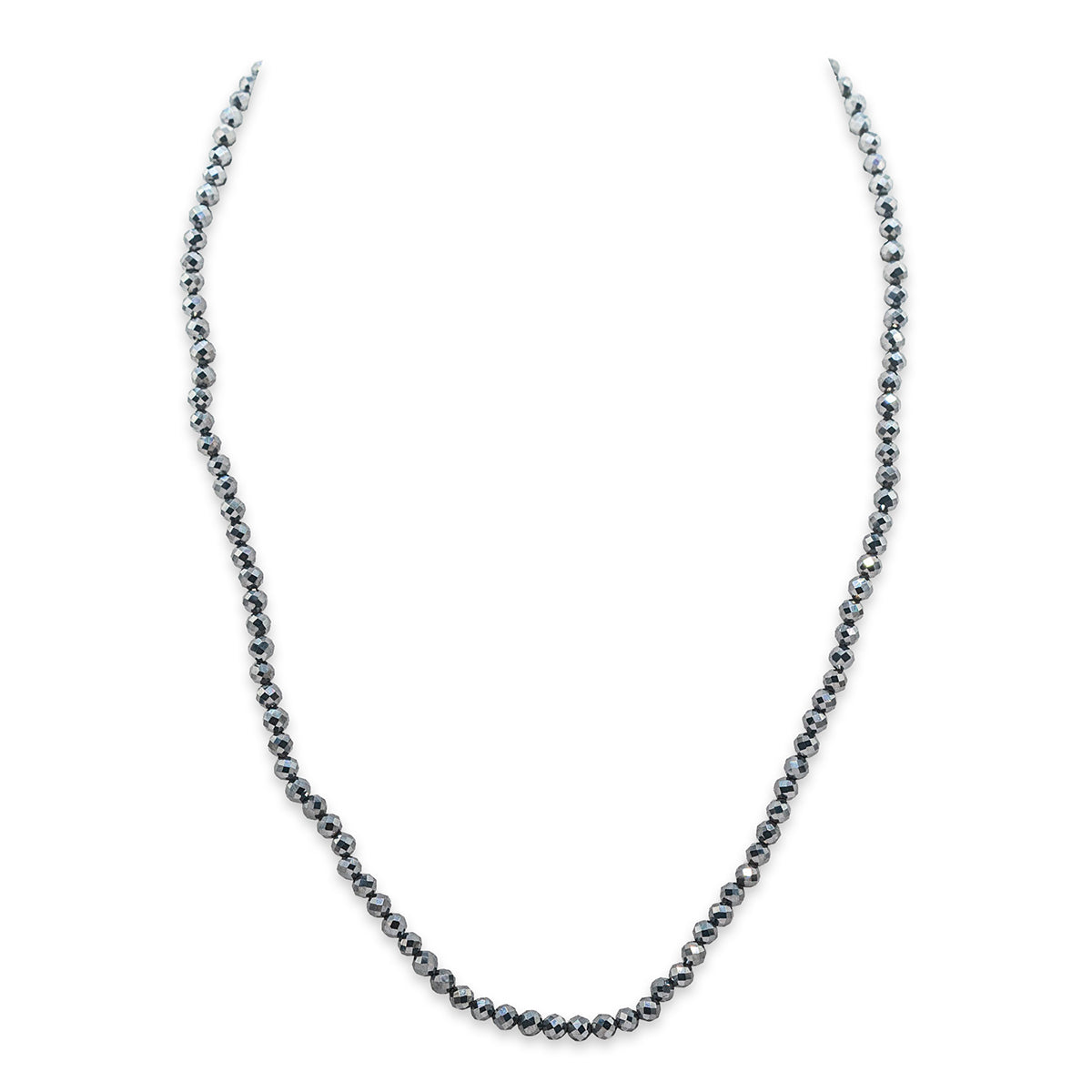 Silver beaded necklace on a white background