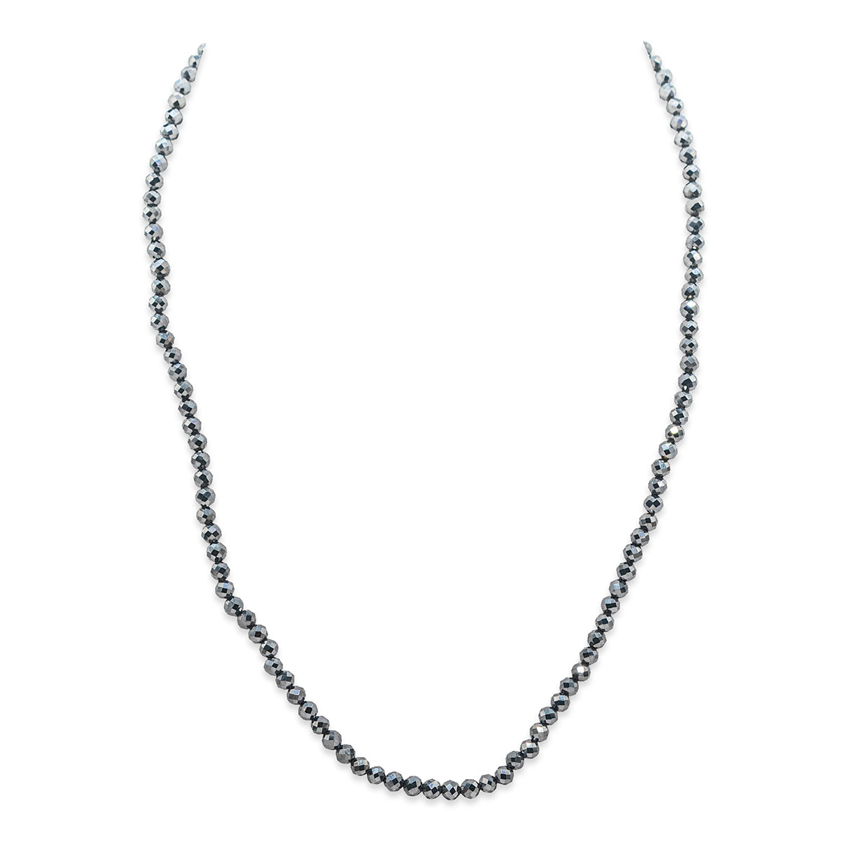 Silver beaded necklace on a white background