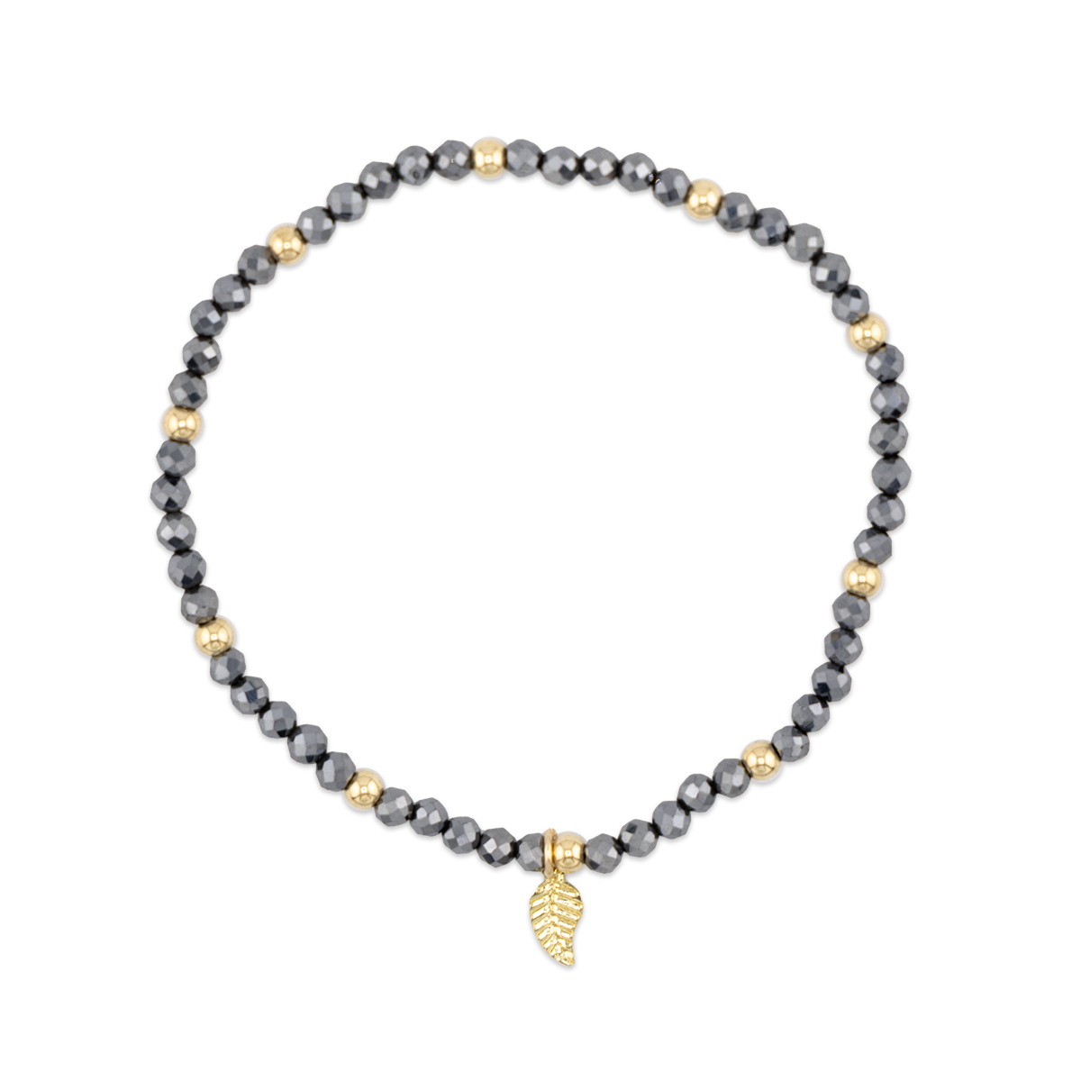 Necklace with gray beads and gold leaf charm on a white background