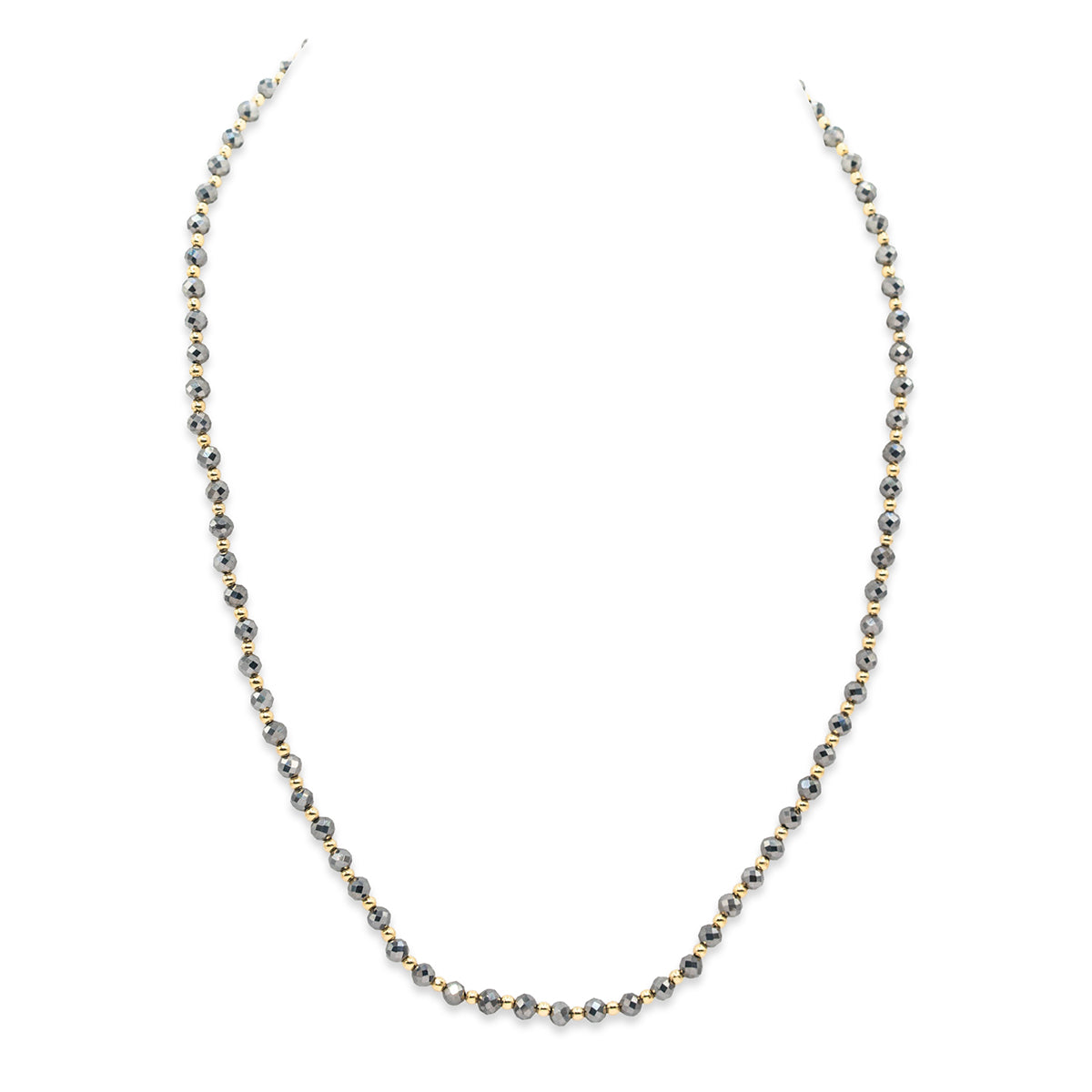 Necklace with alternating silver and gold beads on a white background