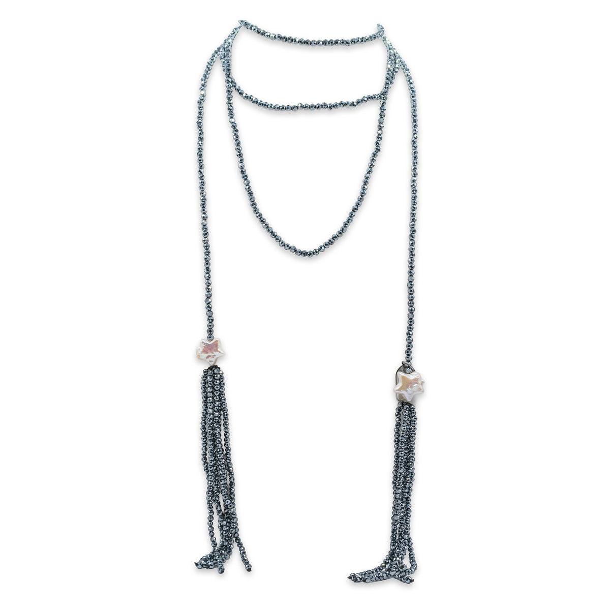 Long beaded necklace with tassels on a white background