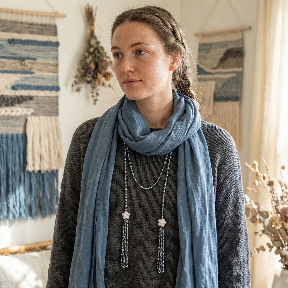 Woman wearing a blue scarf and gray sweater in a room with wall hangings.