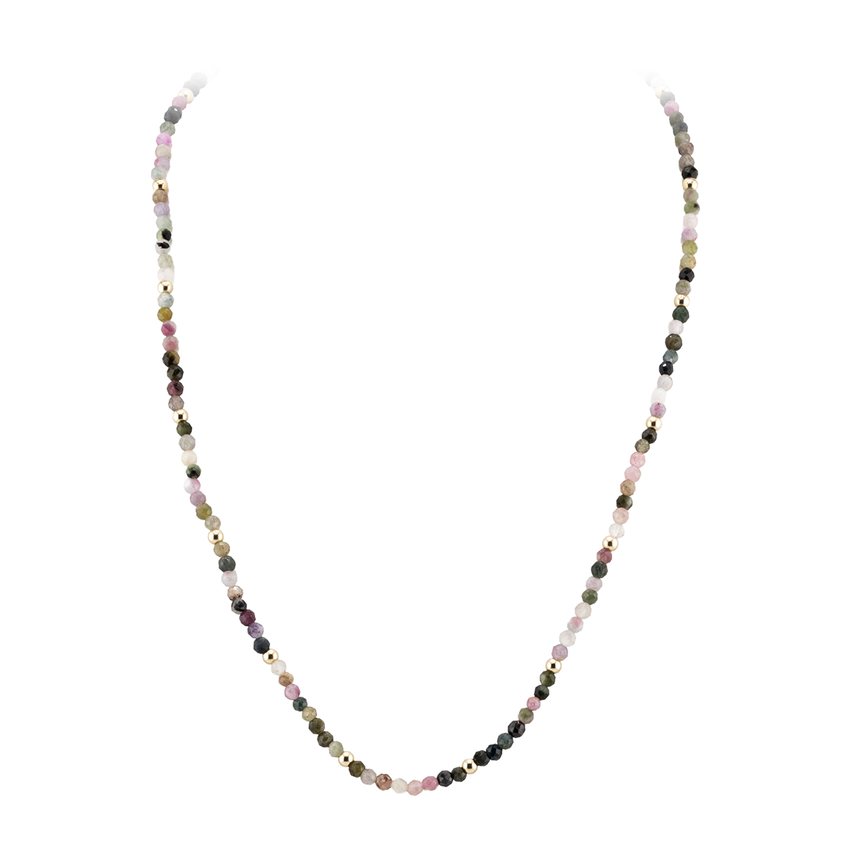 Necklace with multicolored beads on a white background