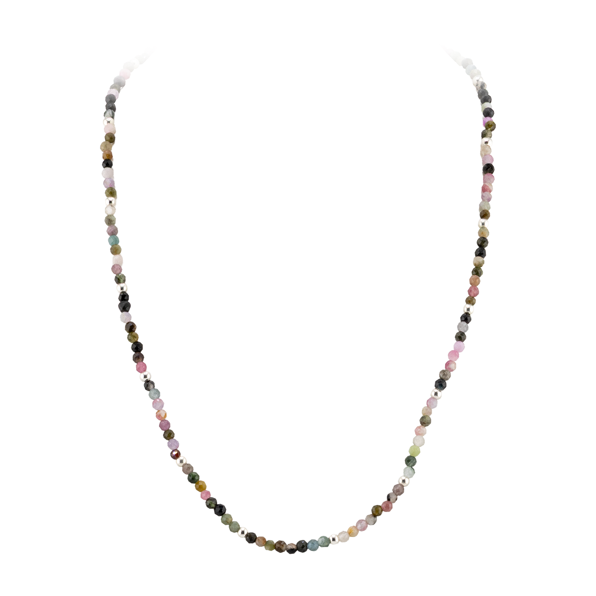 Necklace with multicolored beads on a white background