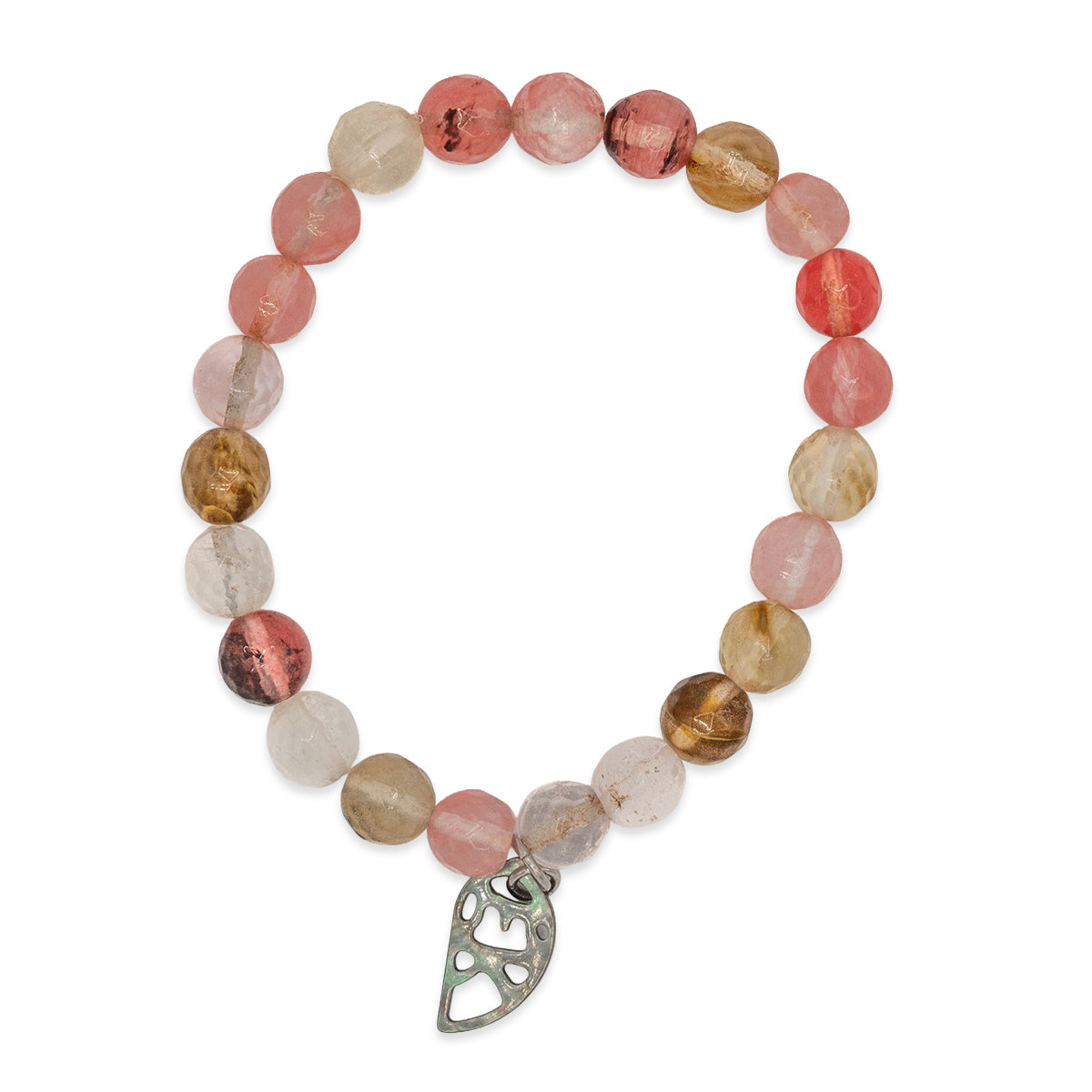 Beaded bracelet with a silver heart charm on a white background