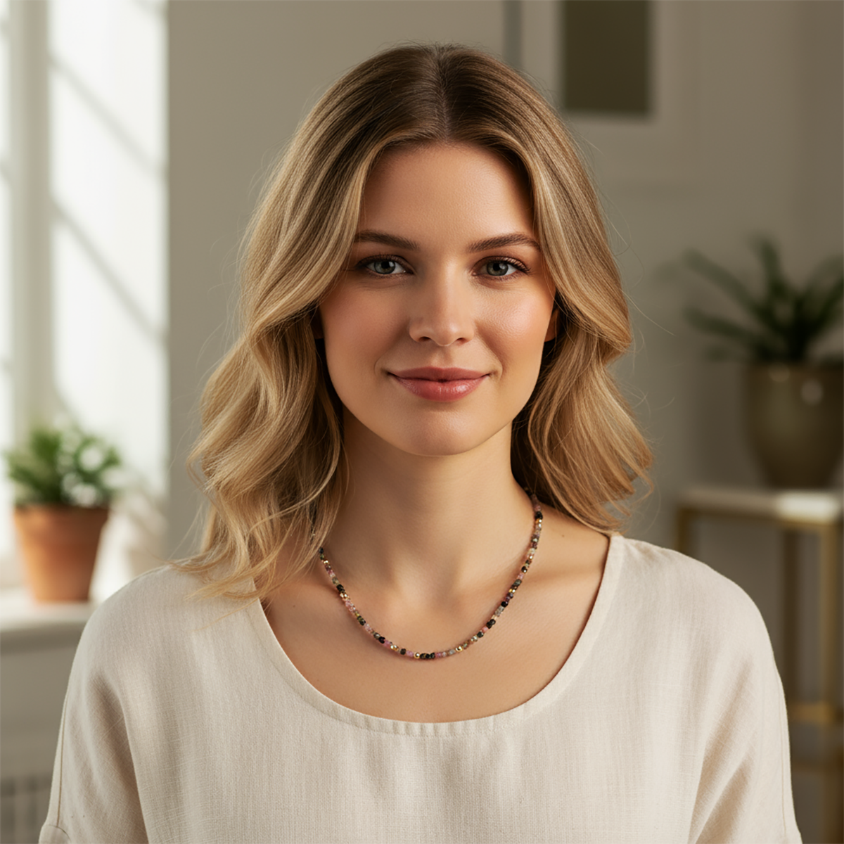 Woman wearing a necklace in a softly lit room with plants