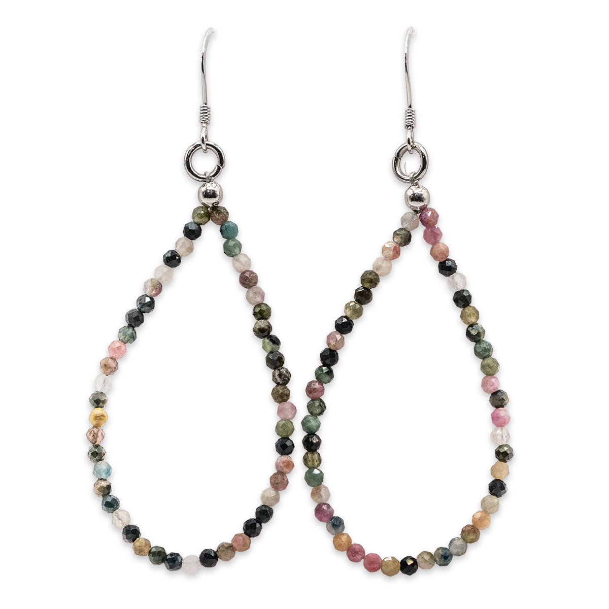 Pair of beaded earrings with multicolor beads on a white background