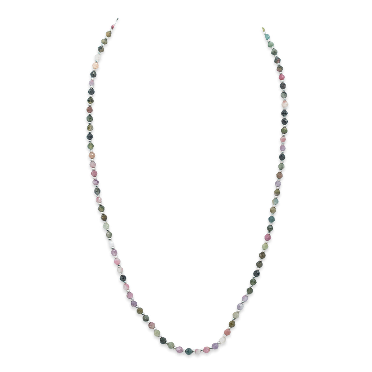Multicolored beaded necklace on a white background