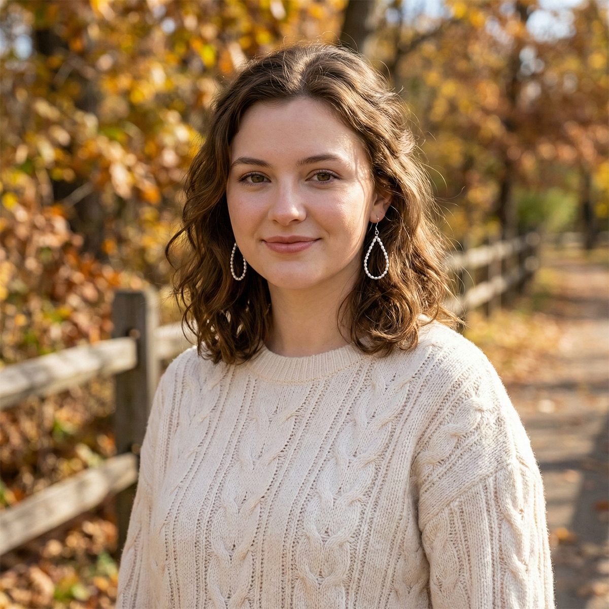 Woman wearing a beige sweater with autumn foliage in the background