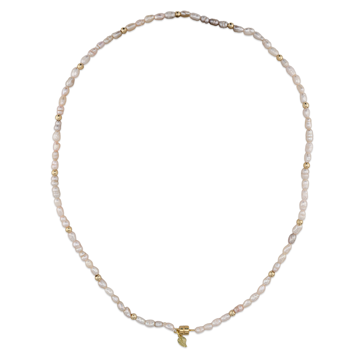 Pearl necklace with a small gold charm on a white background
