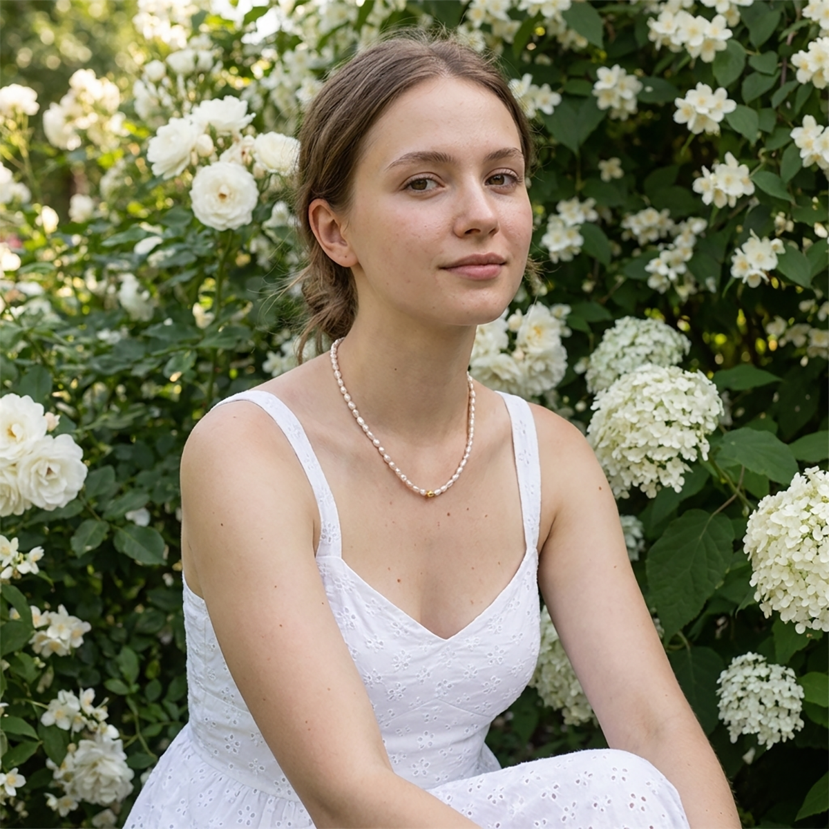 Woman in a white dress sitting among white flowers