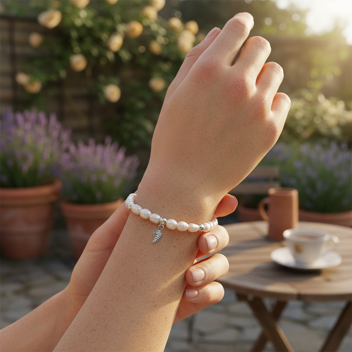 Hand wearing a pearl bracelet with a garden and table in the background