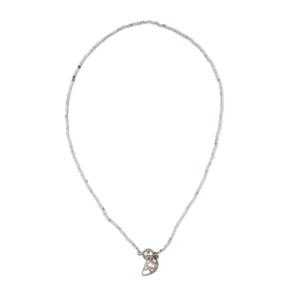 Silver necklace with a small pendant on a white background
