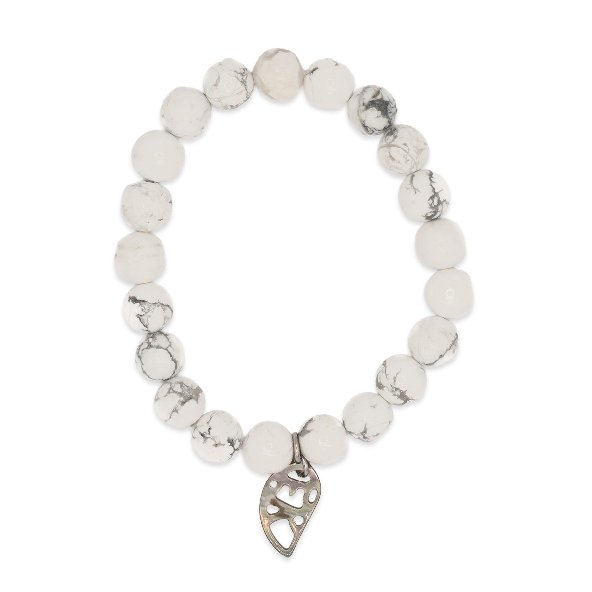 White beaded bracelet with a silver heart charm on a white background