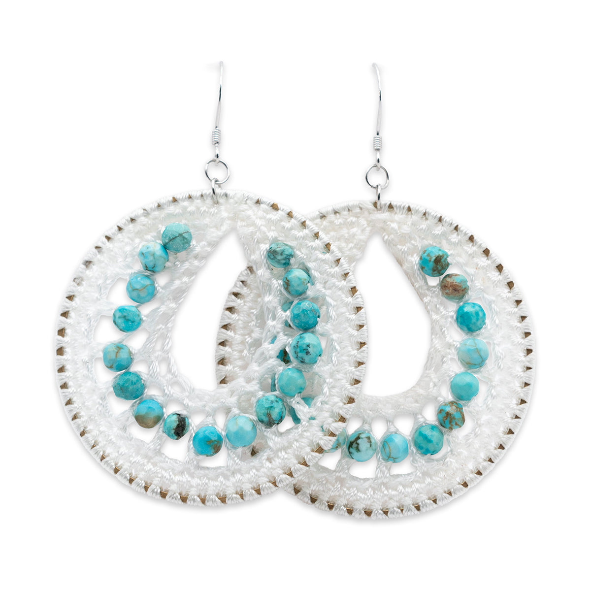 Teardrop-shaped earrings with turquoise beads on a white background