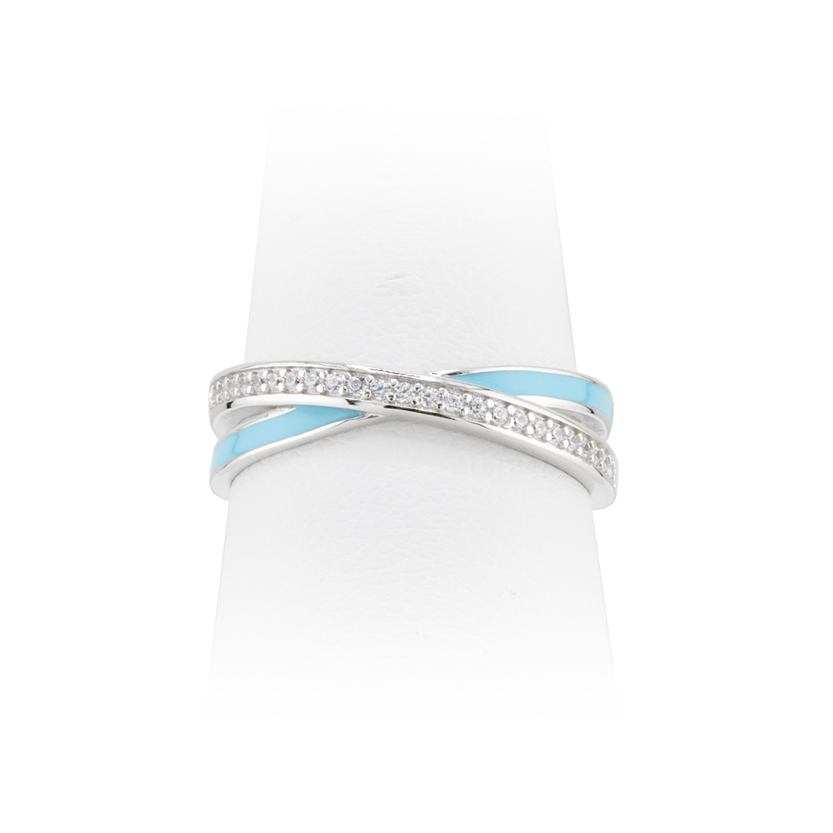 Silver ring with a light blue band on a white background