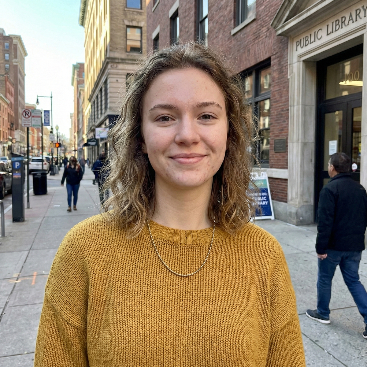 Woman in a mustard sweater standing on a city street with a public library in the background