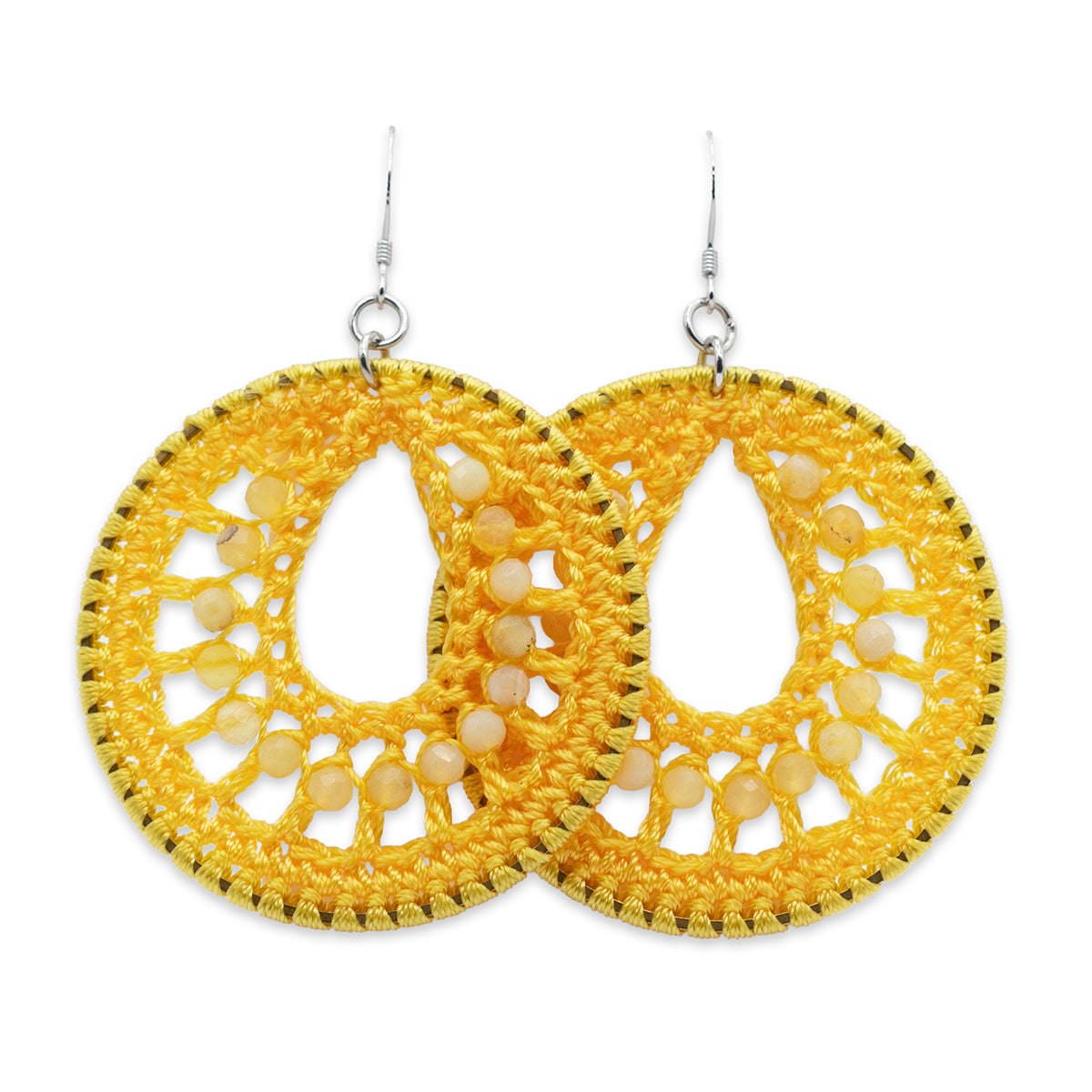 Yellow crochet earrings with bead accents on a white background