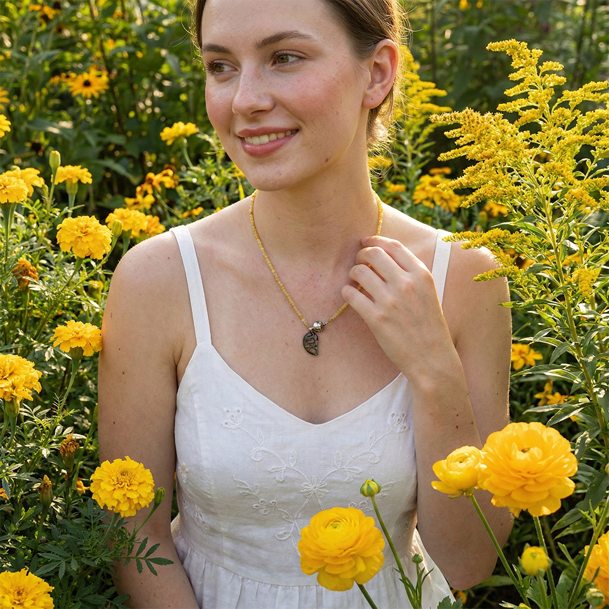Woman in a white dress standing among yellow flowers