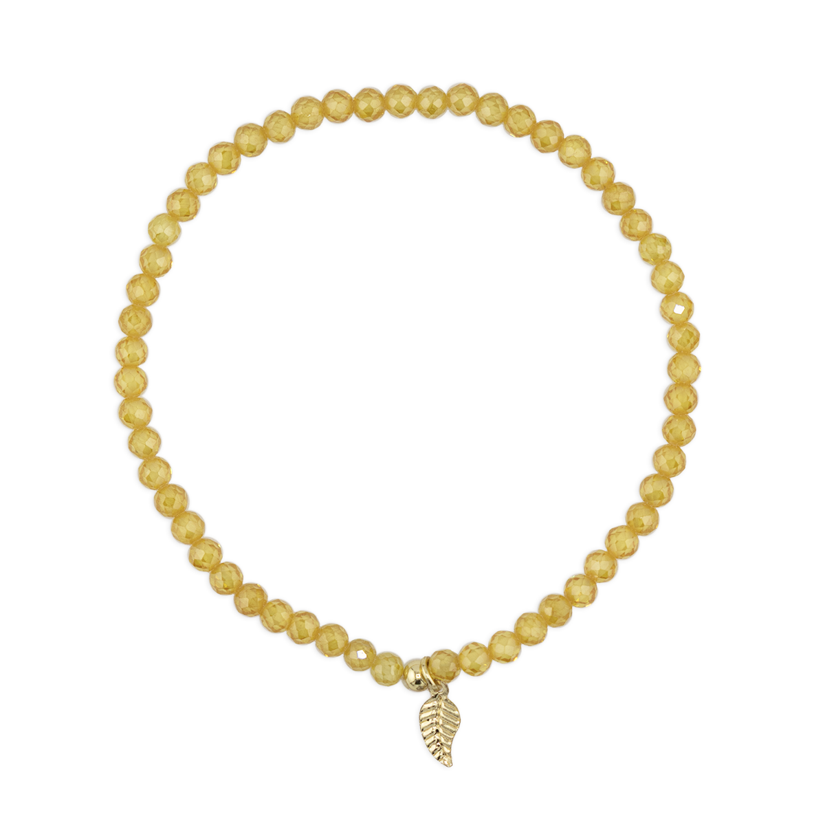 Yellow beaded bracelet with a gold leaf charm on a white background