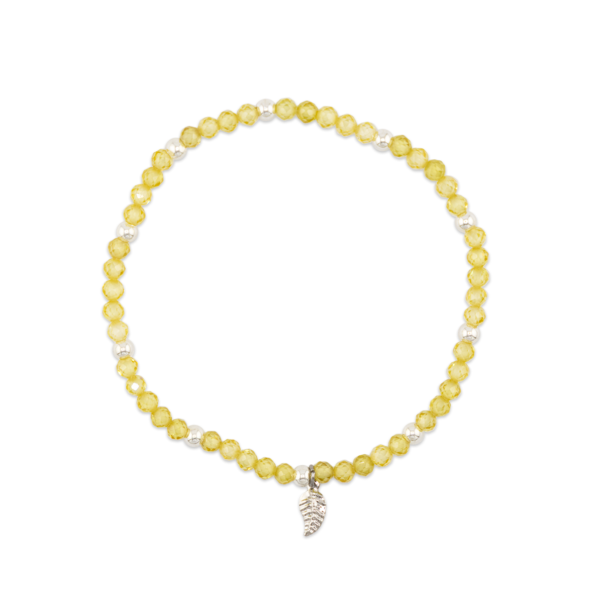 Yellow beaded bracelet with a silver leaf charm on a white background