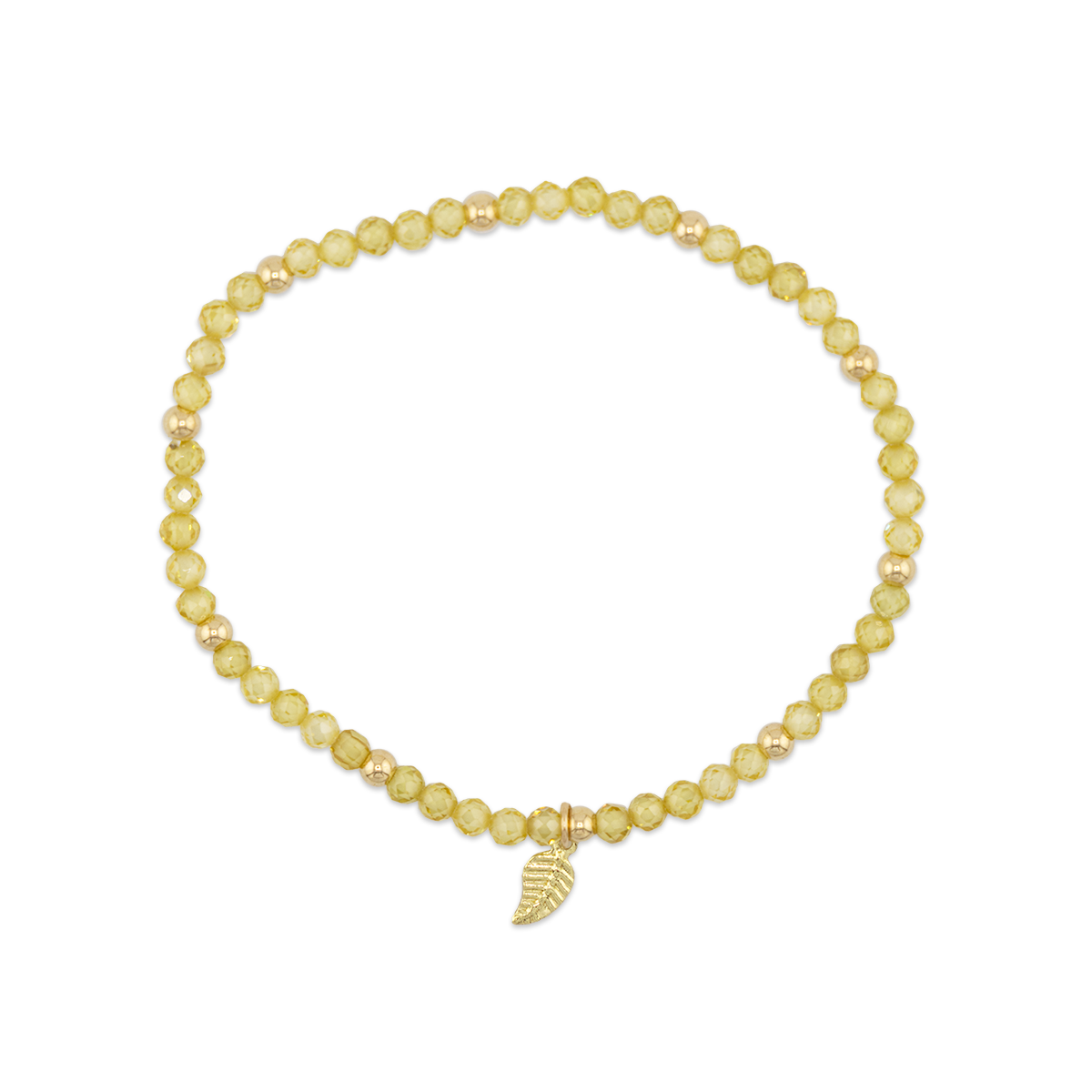 Yellow beaded bracelet with a gold leaf charm on a white background