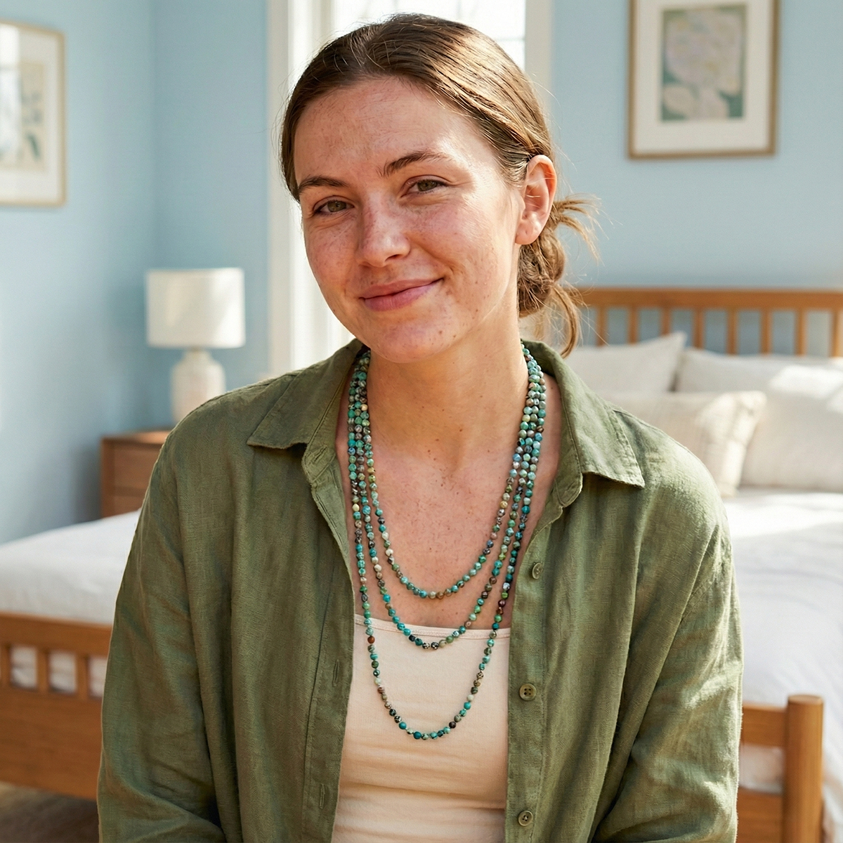 Woman wearing a green shirt and multiple necklaces in a bedroom setting