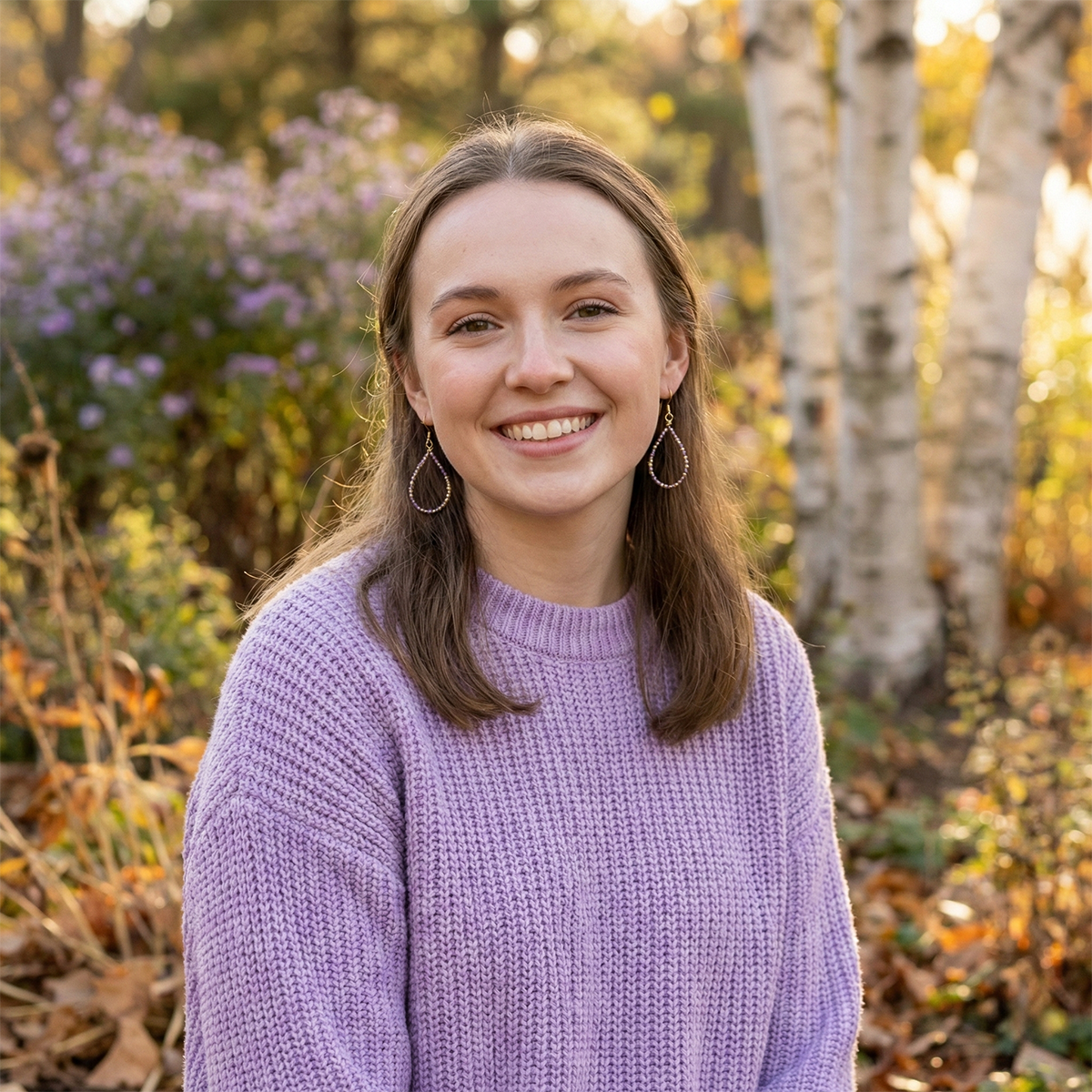 Woman in a purple sweater standing in a forest with autumn foliage