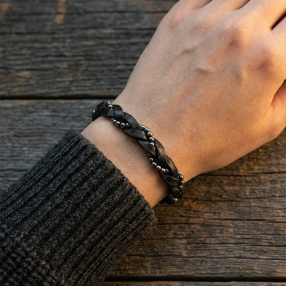 Hand wearing a braided black leather bracelet on a wooden surface
