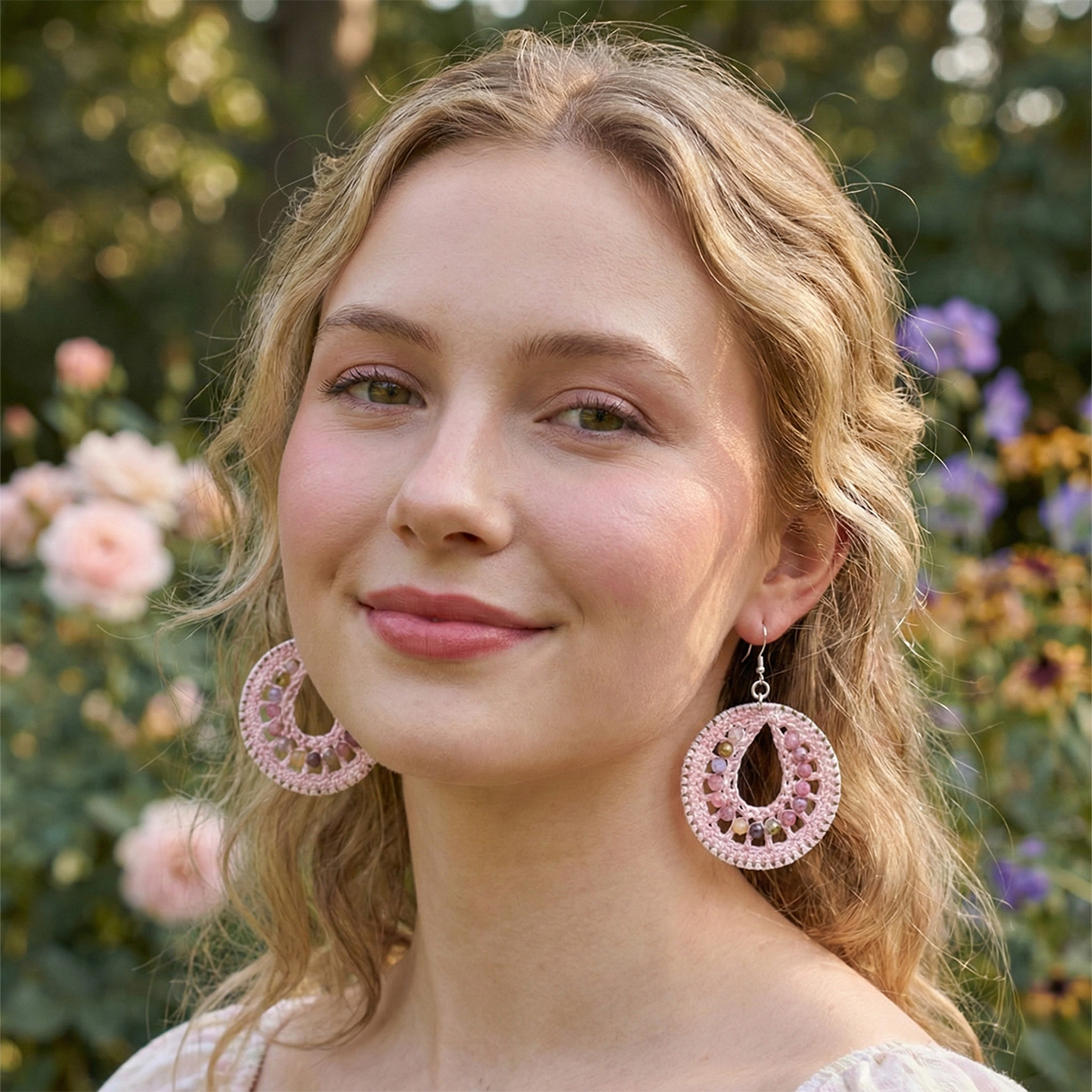 Woman wearing pink earrings with a blurred floral background
