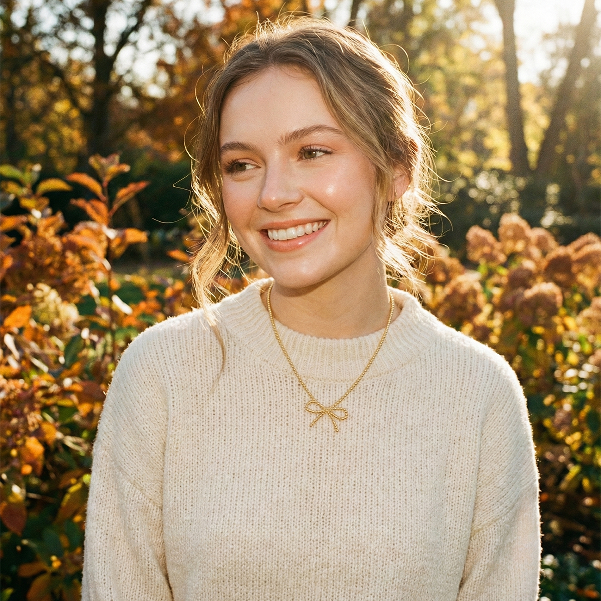 Woman wearing a beige sweater and gold necklace with a bow in an outdoor setting.