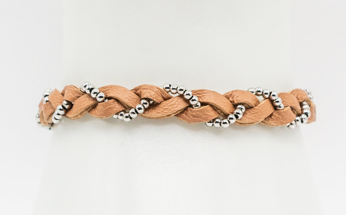 Tan Leather and White Gold-filled Braid Bracelet