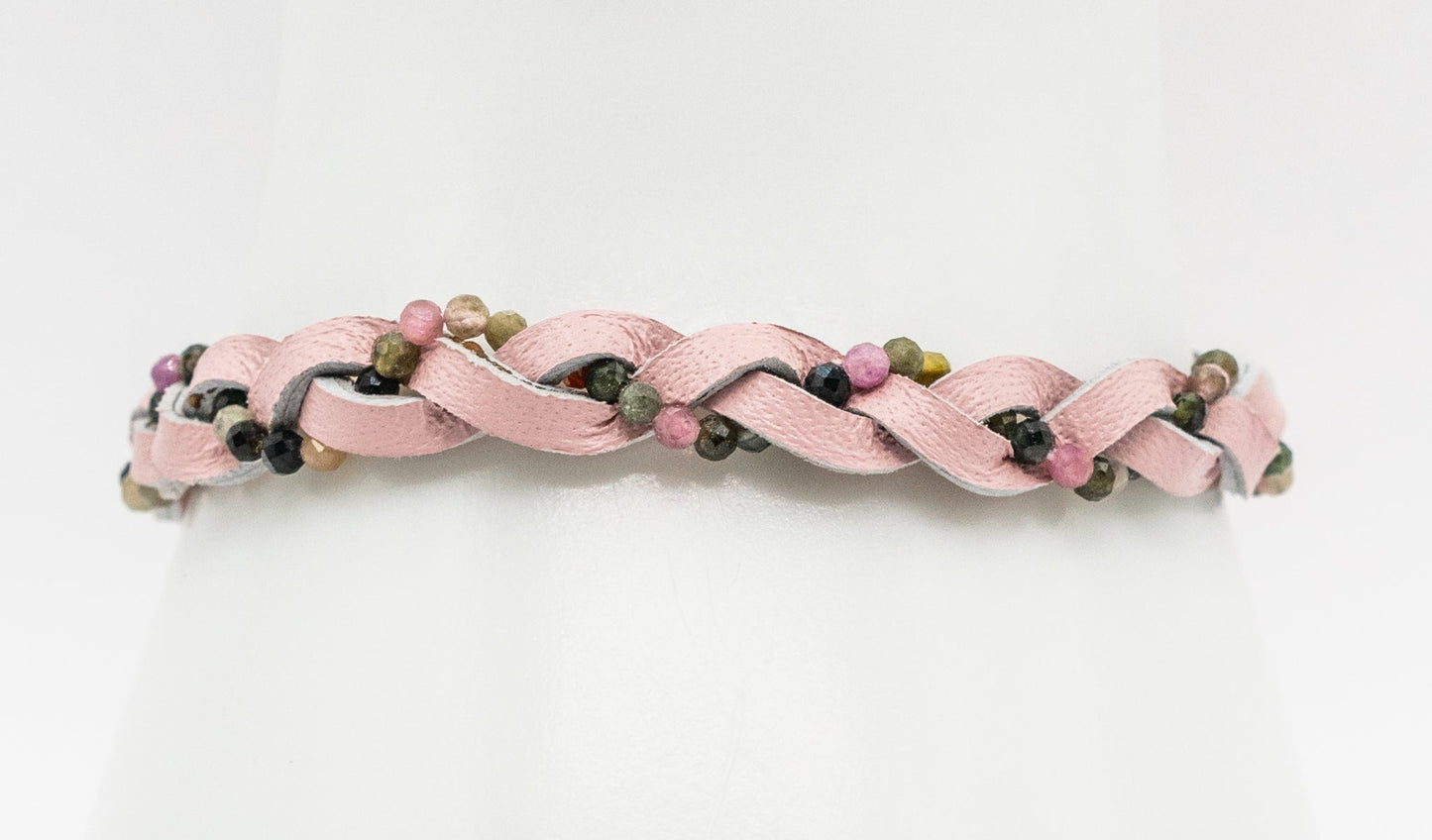 Pink Leather and Watermelon Tourmaline Gemstone Braid Bracelet