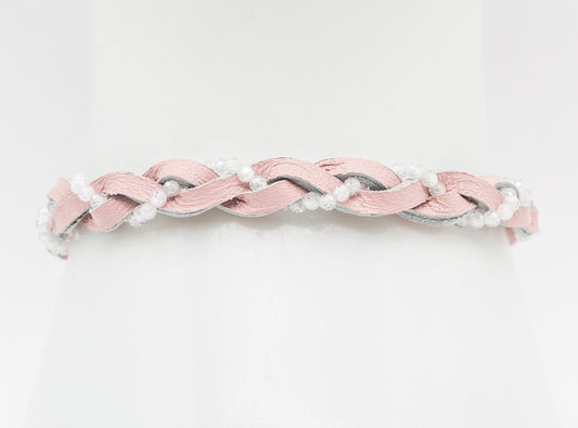 Pink Leather and Clear Natural Crystal  Braid Bracelet