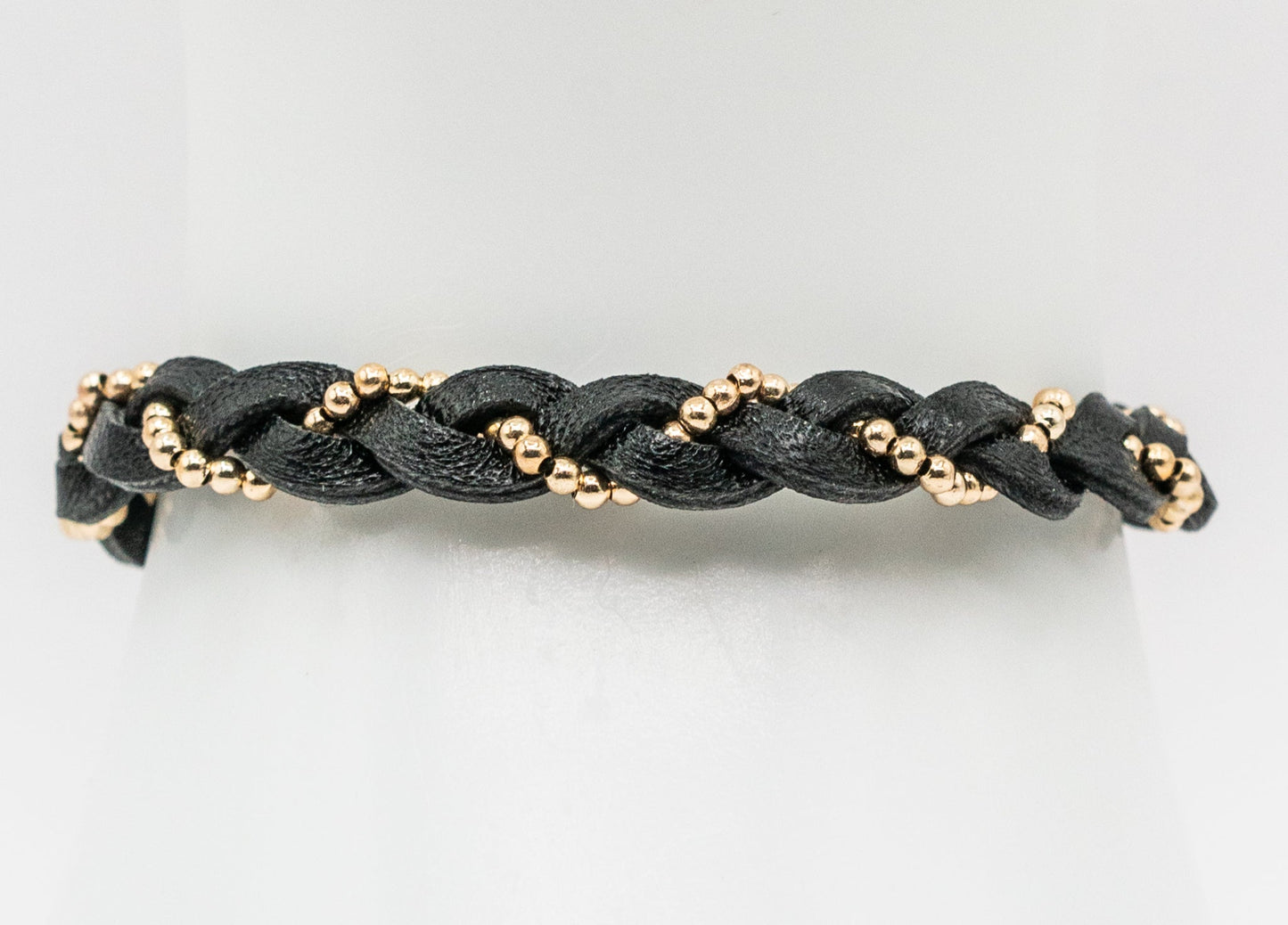 Black Leather and Yellow Gold-filled Braid Bracelet