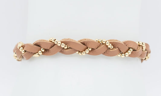 Tan Leather and Yellow Gold-filled Braid Bracelet