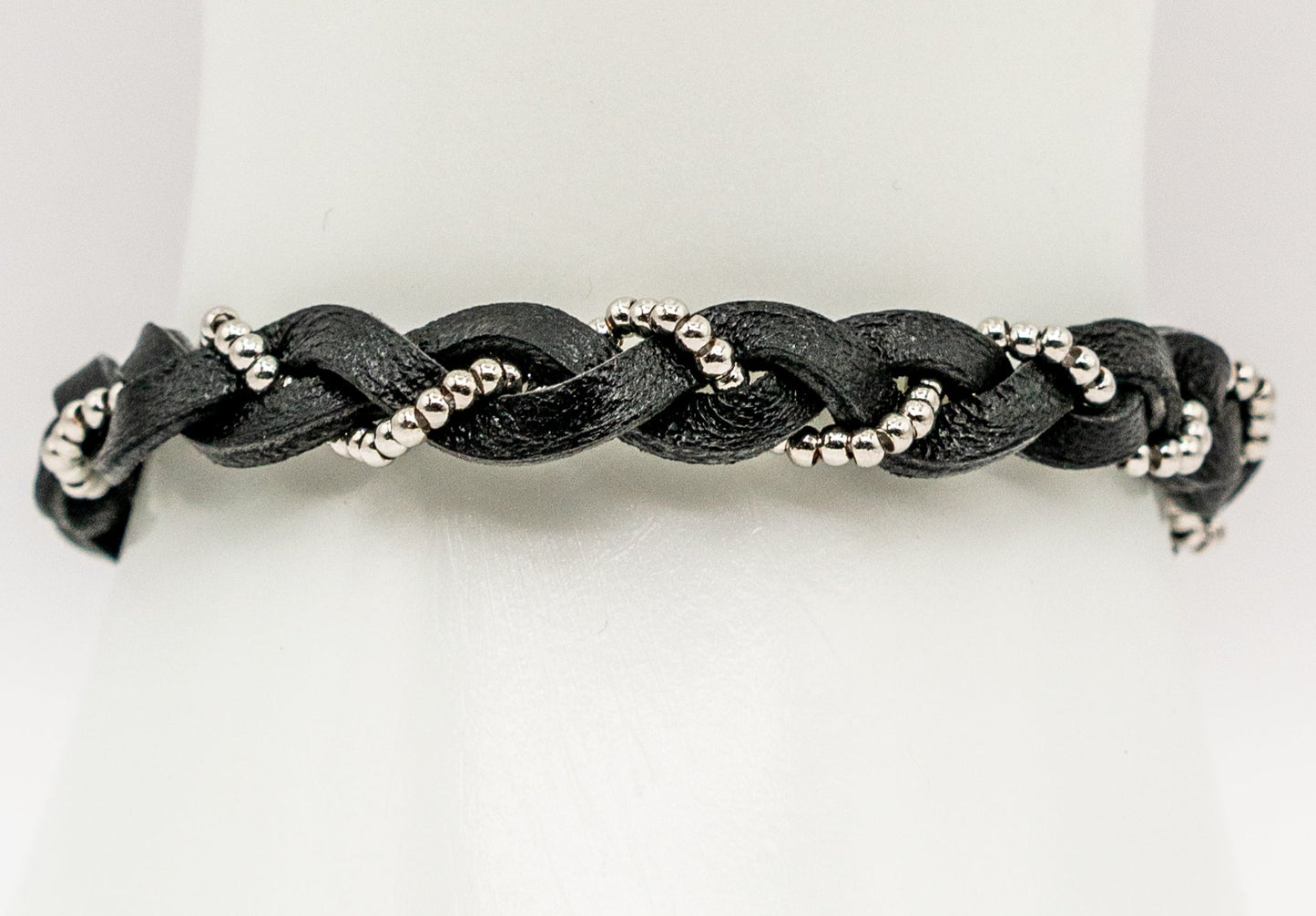 Black Leather and White Gold-filled Braid Bracelet