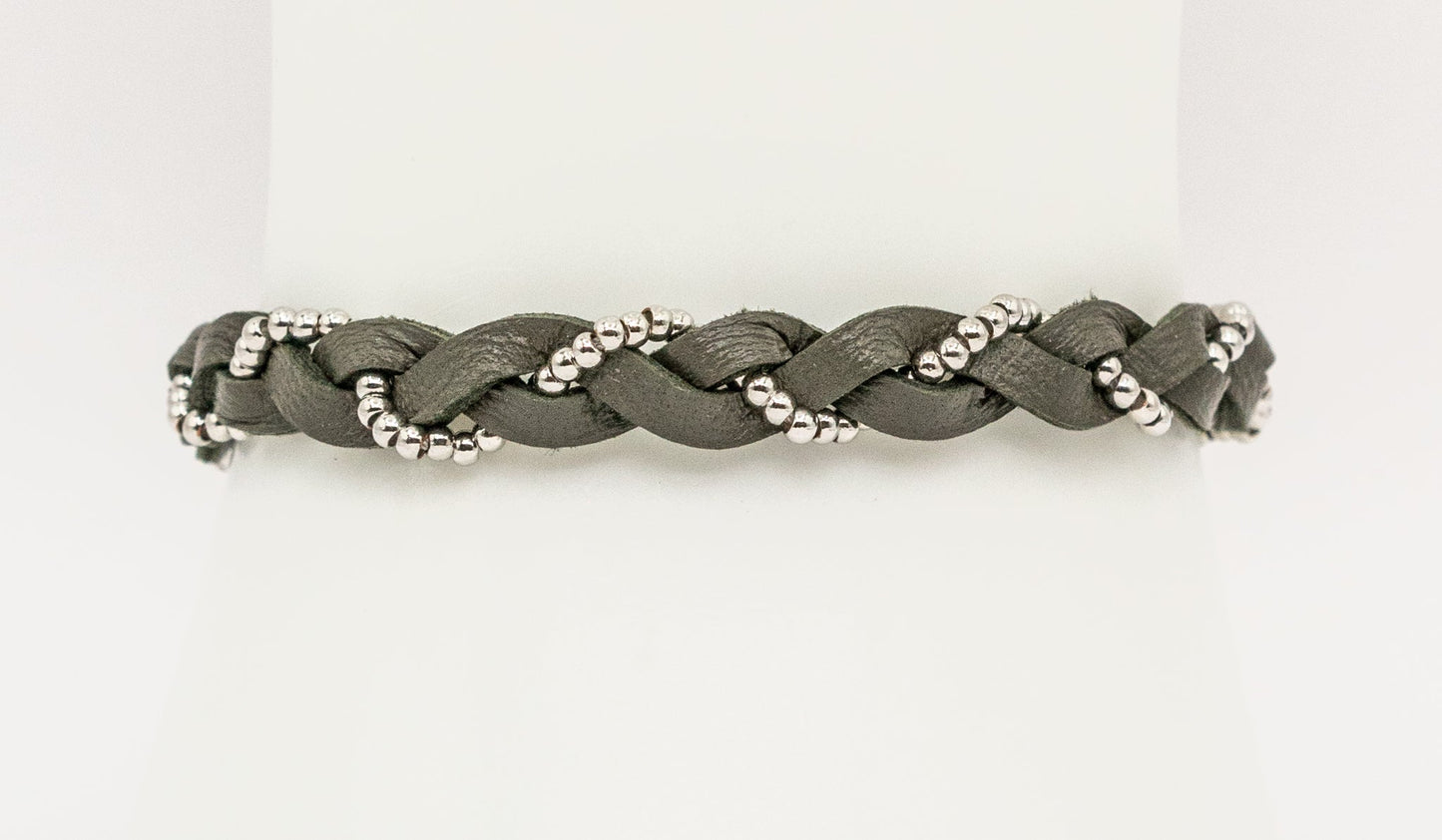 Olive Leather and White Gold-filled Braid Bracelet