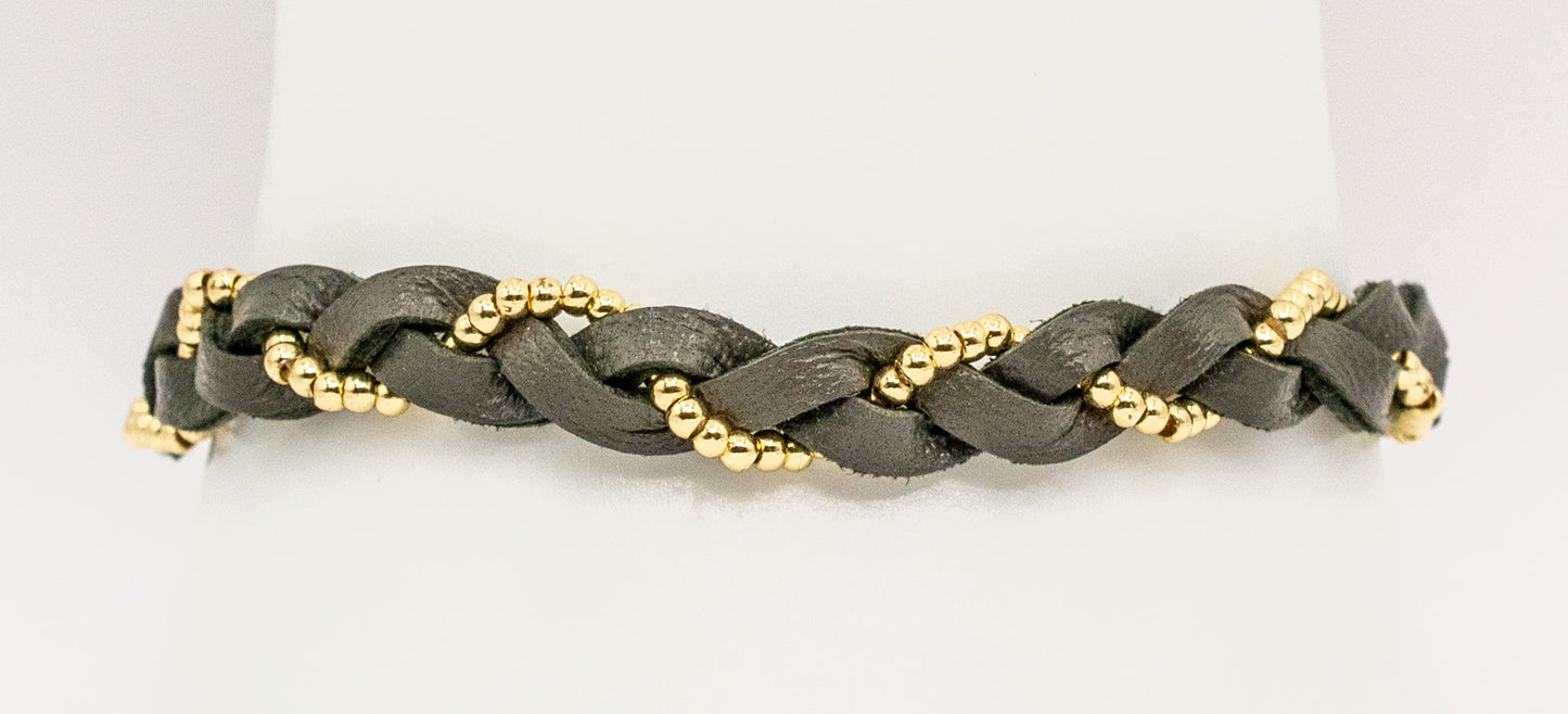 Olive Leather and Yellow Gold-filled Braid Bracelet