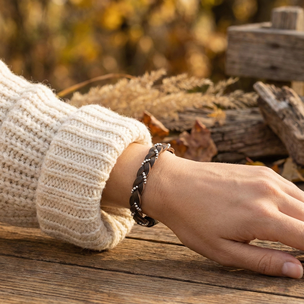 Hand wearing a bracelet on a wooden surface with a blurred natural background