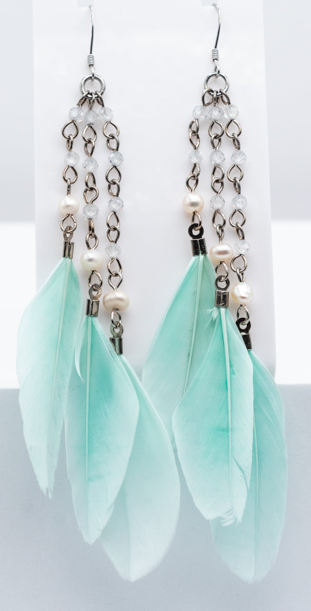 Soft Aqua Feather Titanium and Pearl Earring